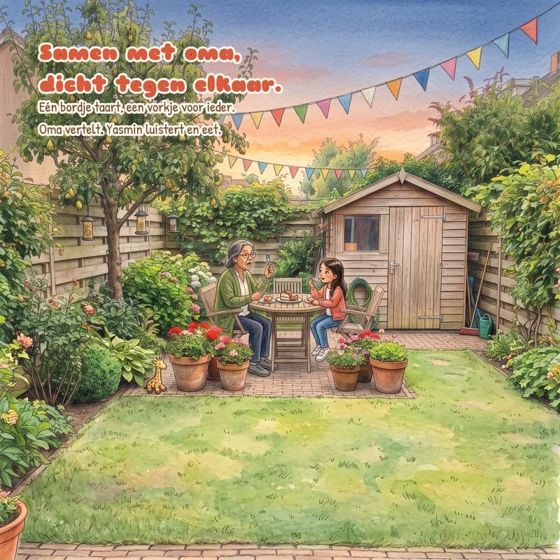 Een pagina uit het boek: een meisje en haar oma delen een bordje taart in de versierde tuin, in het avondlicht.