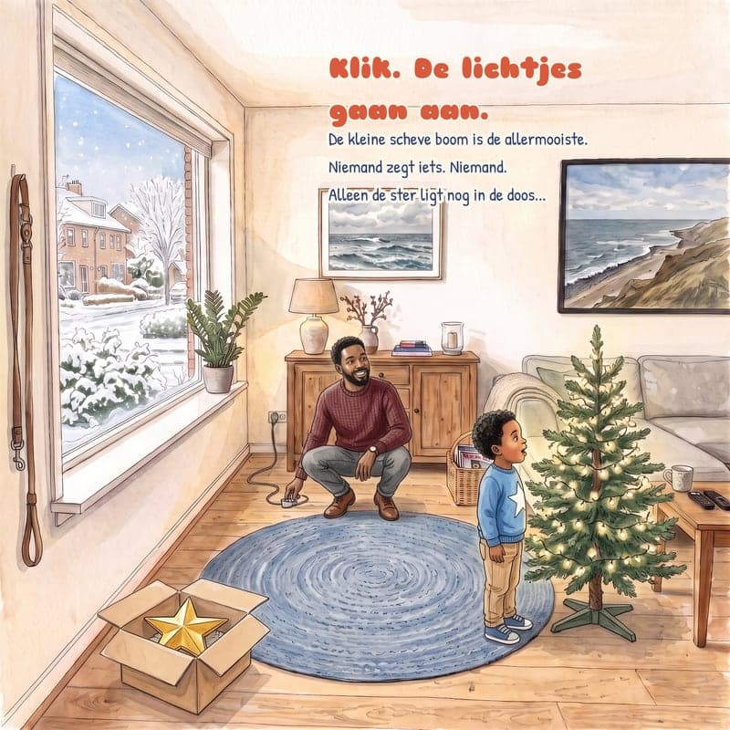 Een pagina uit het boek: een jongen en zijn vader kijken naar de kleine scheve kerstboom, net nu de lichtjes aangaan.