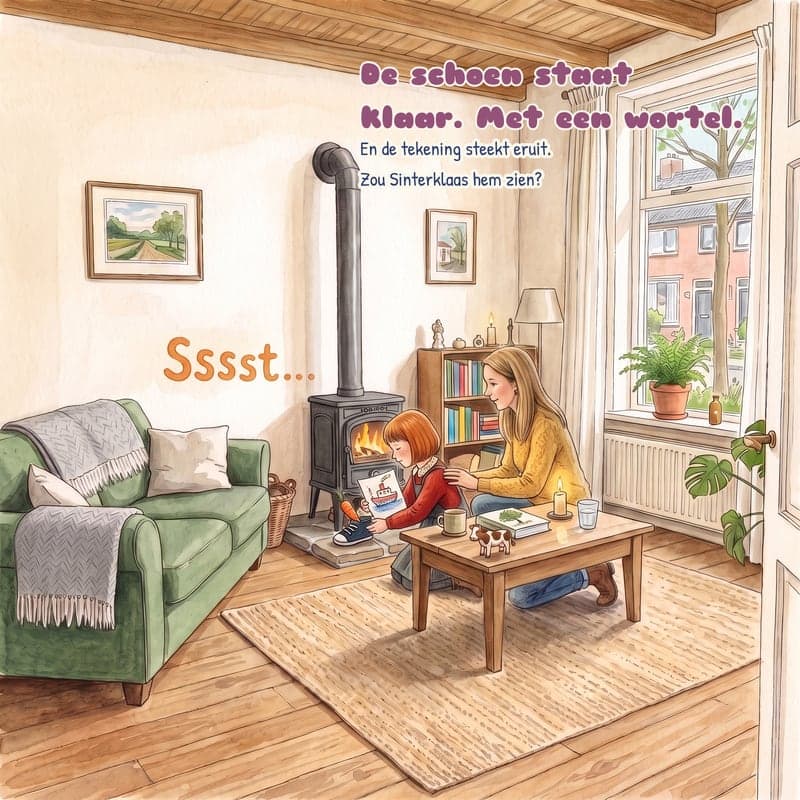 Een pagina uit het boek: een meisje zet haar schoen met een wortel en een tekening klaar bij de kachel, haar moeder kijkt mee.