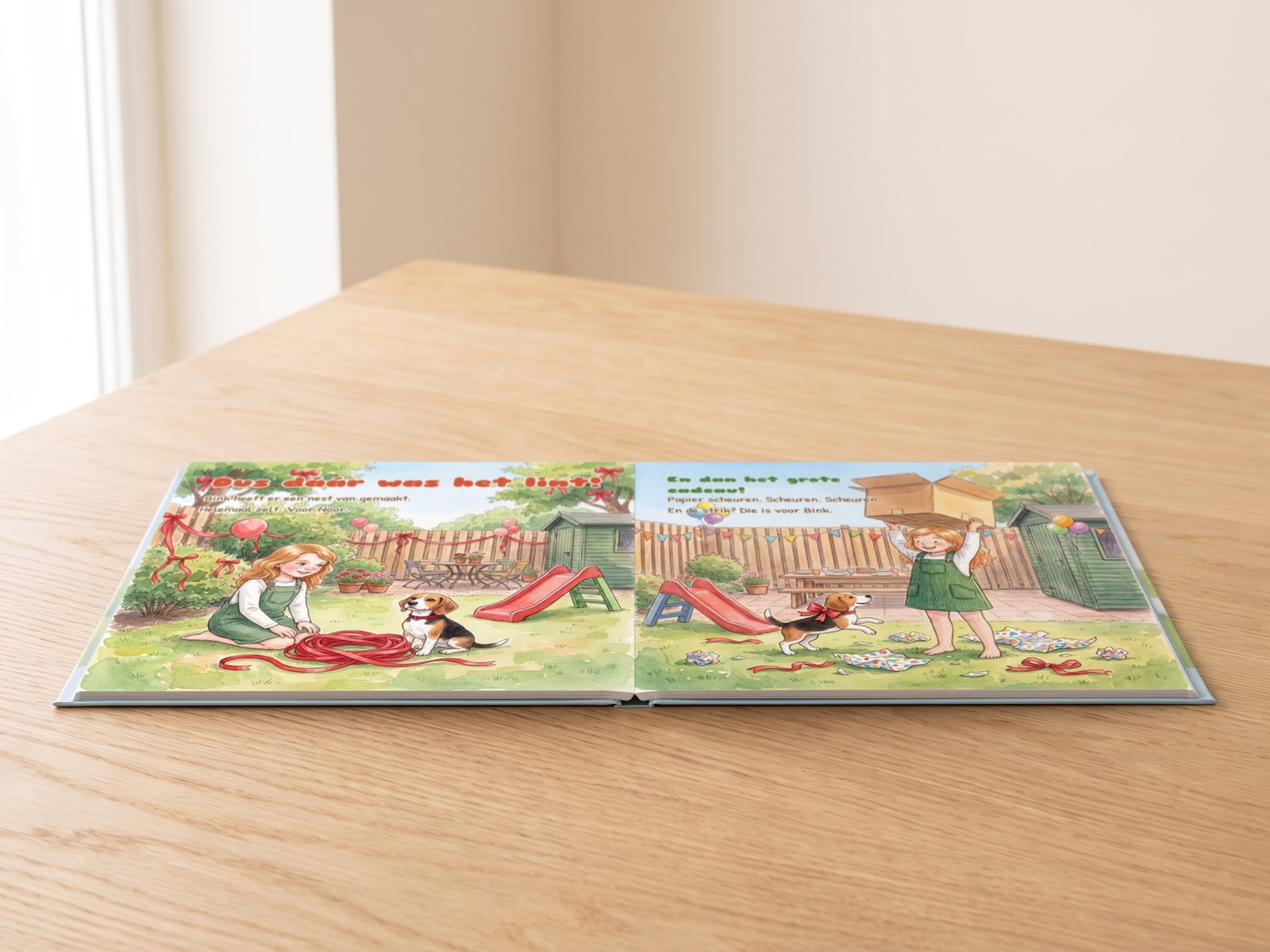 Het layflat prentenboek open op een tafel: de dubbele pagina ligt helemaal plat