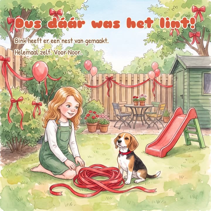 Pagina 16: Noor knielt in de tuin bij het rode lint, Bink zit naast haar met zijn rode halsband om