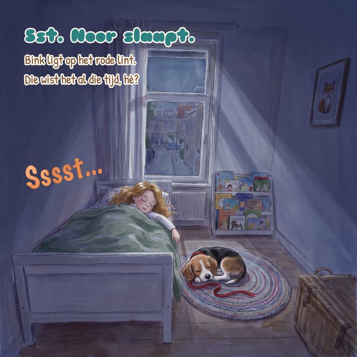 Pagina 24, de laatste: Noor slaapt in haar eigen kamer, Bink ligt op het rode lint. “Ssst. Noor slaapt.”
