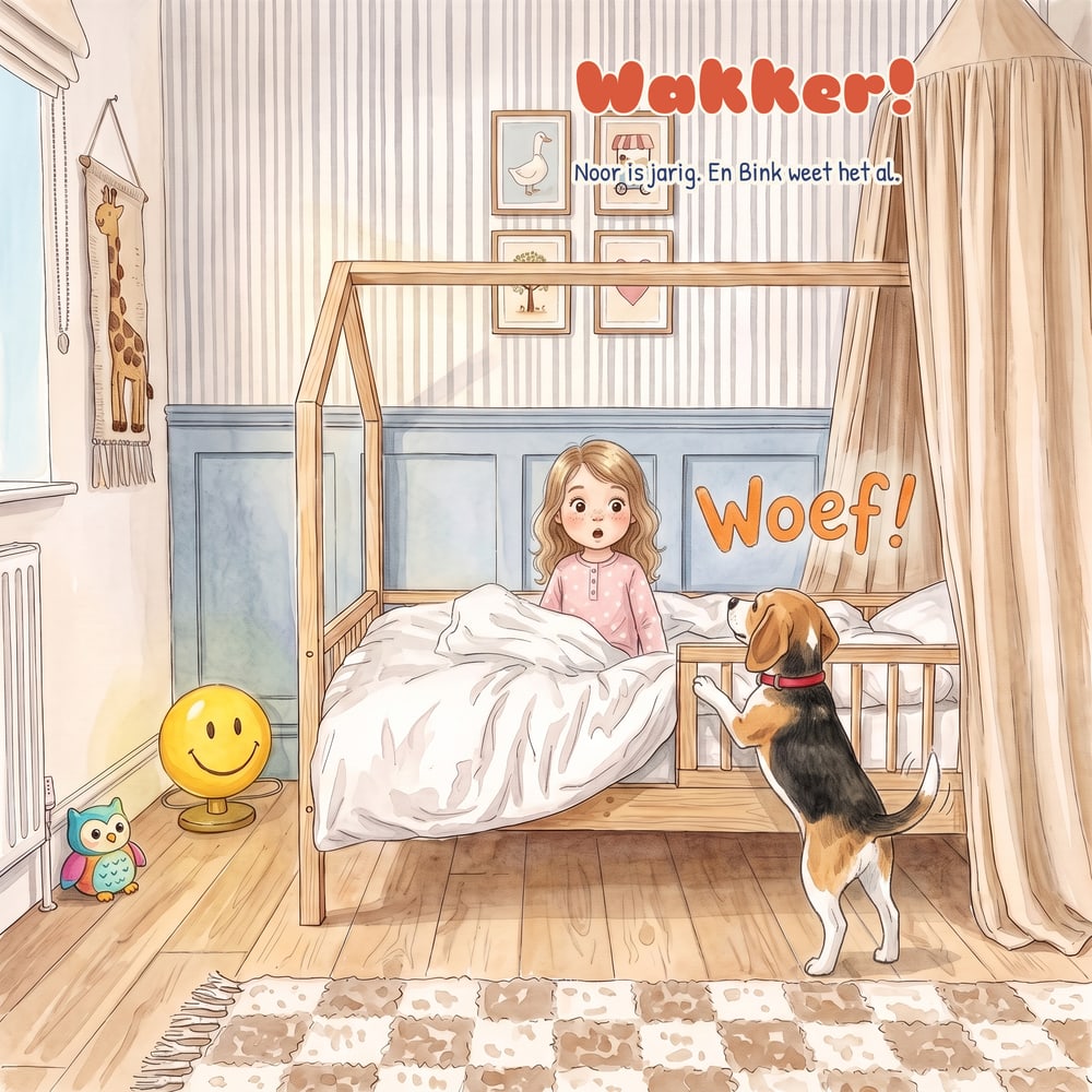 Pagina 1: Noor zit rechtop in haar huisjesbed, Bink met zijn voorpoten op de bedrand. “Wakker!”