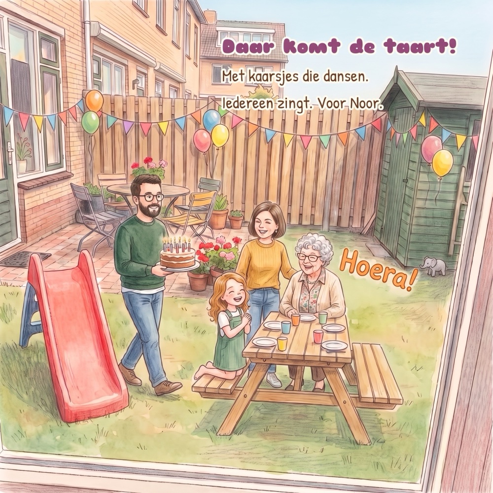 Pagina 18: papa draagt de taart de tuin in, mama en oma aan de partytafel