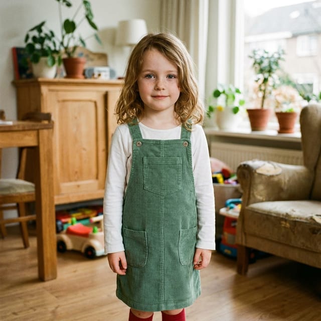Foto van Noor, een meisje van vier met lichtbruin haar en een groene tuinbroekjurk
