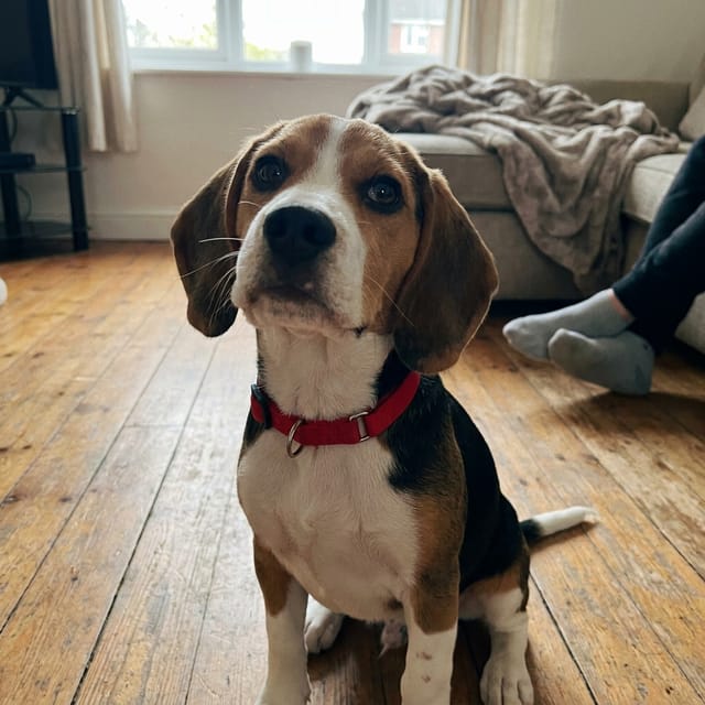 Foto van Bink, een beagle-puppy met een rode halsband