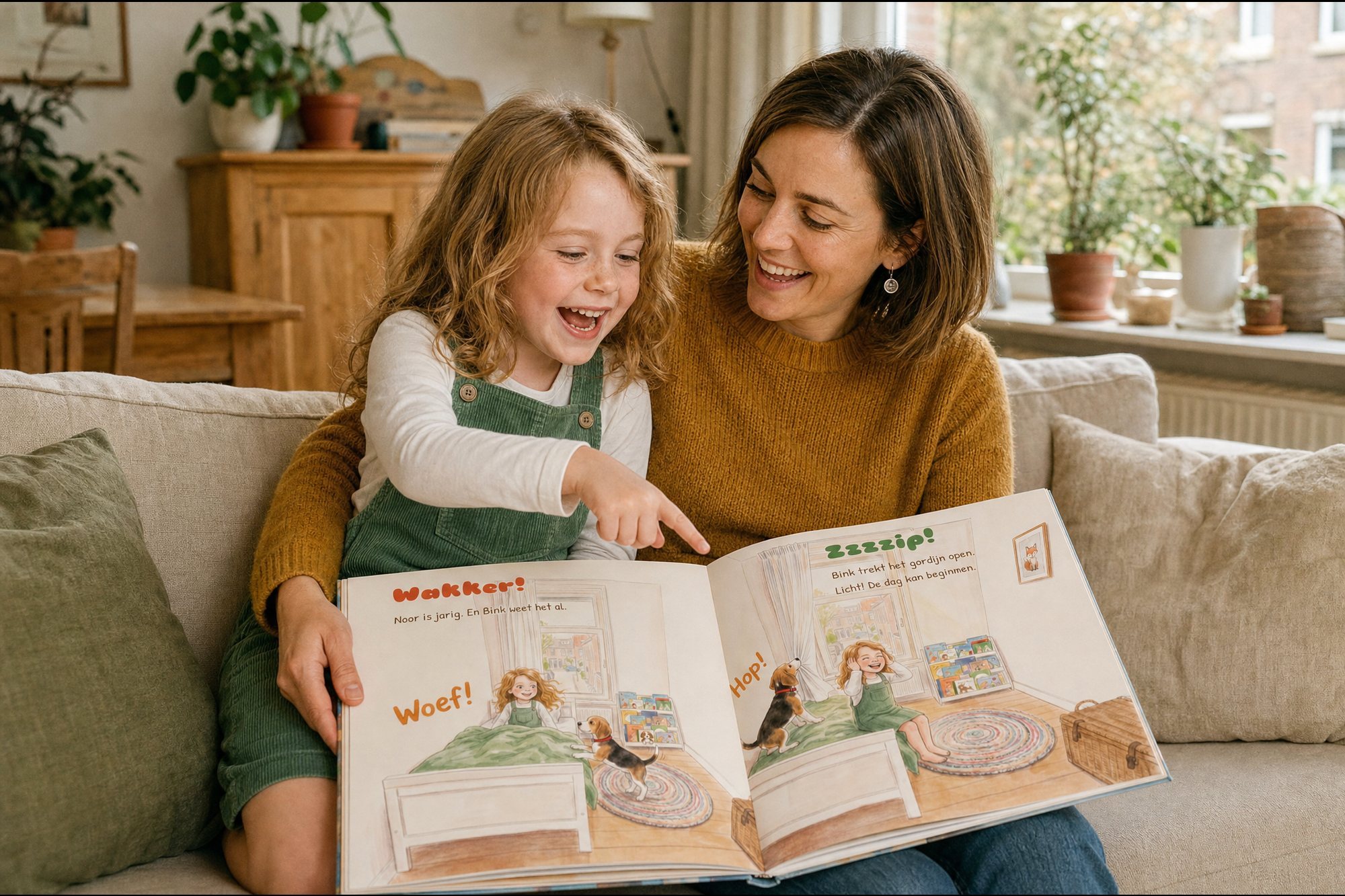 Een moeder en haar dochter op de bank, allebei lachend. Het boek ligt open op hun schoot en de dochter wijst naar zichzelf in het verhaal.