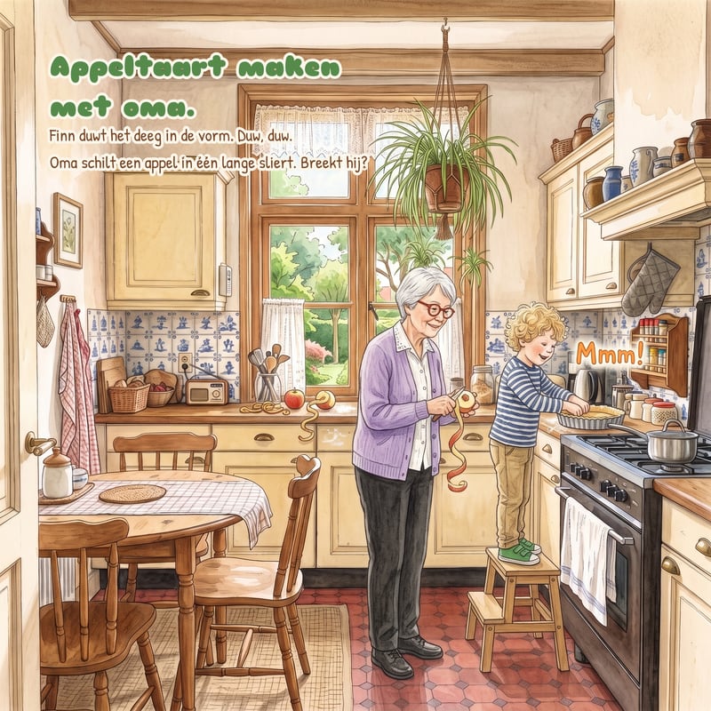 Een pagina uit het boek: een jongen maakt appeltaart met zijn oma in haar keuken.