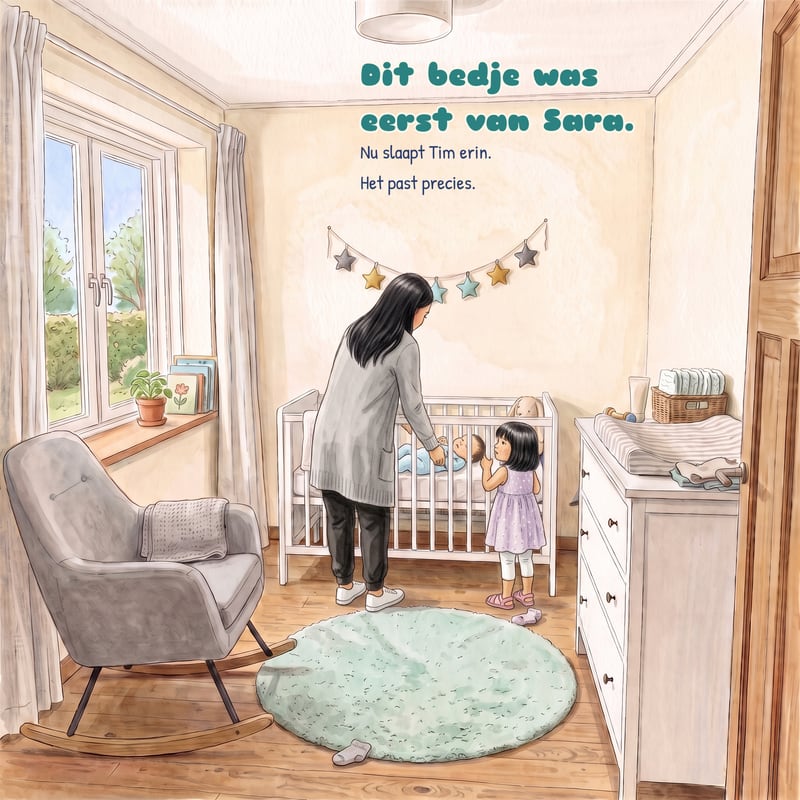 Een pagina uit het boek: een moeder legt de pasgeboren baby in het bedje, de grote zus kijkt op haar tenen mee.